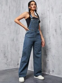SHEIN EZwear 女式字母贴袋设计休闲阔腿牛仔连体裤 - 霧霾藍 - 查看 7