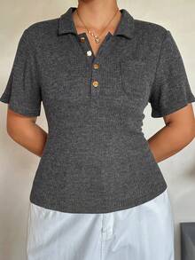 Dazy Plus Solid Color Stretch Slim Fit Sexy Blogger Casual POLO Collar Half-Open Placket Short Sleeve Plus Size Women Spring Summer Dark Grey T-Shirt - Dark Grey - View 5