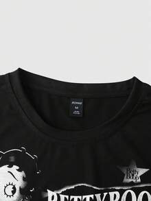 ROMWE MEN Betty Boop | ROMWE Men's Letter Cartoon Print Crew Neck Short Sleeve Casual Versatile T-Shirt - Black - View 8
