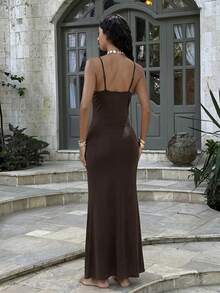 Opulessa Women's Spaghetti Strap Lace Trim Backless Fitted Dress - Brown - View 2