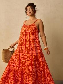 Travachic Plus Size Sleeveless Spaghetti Strap Geometric Print Dress Vacation Red Summer Boho Beach Vacation - Orange - View 6