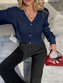 Serisse Spring/Autumn Casual Solid Color Cropped Cardigan Everyday Navy Blue - Navy Blue - View 5