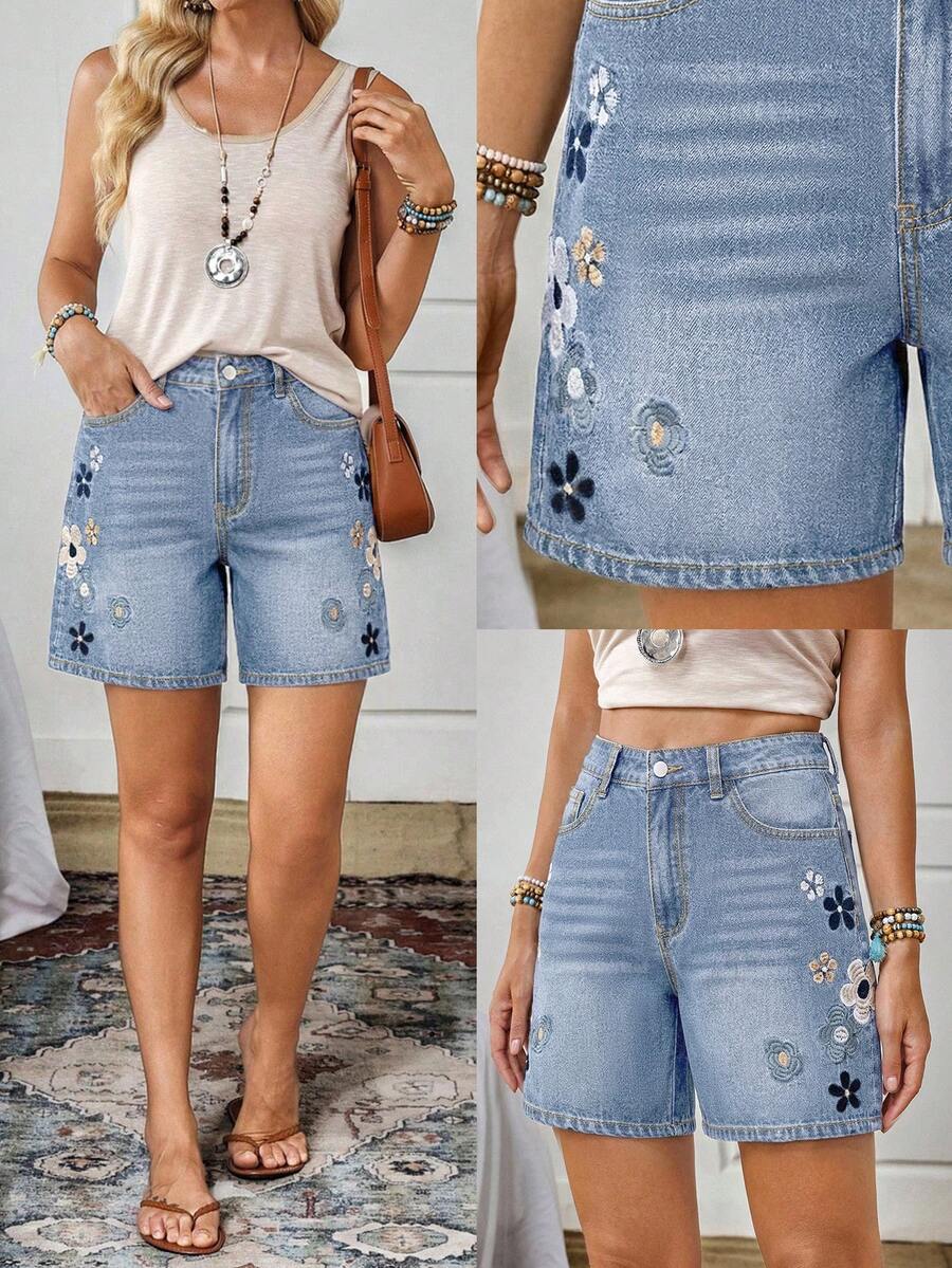 EMERY ROSE Women's Floral Embroidered Zipper Fly Denim Shorts - Dusty Blue - View 1