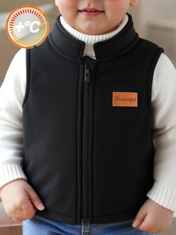 SHEIN Chaleco negro con cremallera para bebé niño y niña, forro polar, acolchado, grueso, cómodo, agradable al tacto, casual, versátil y de moda, abrigo de invierno, abrigo acolchado, polar, adecuado para otoño/invierno, interior, hogar, exterior, uso diario, deportes, juego, fiesta, fotografía, vacaciones, días festivos, vuelta al colegio, streetwear, Halloween