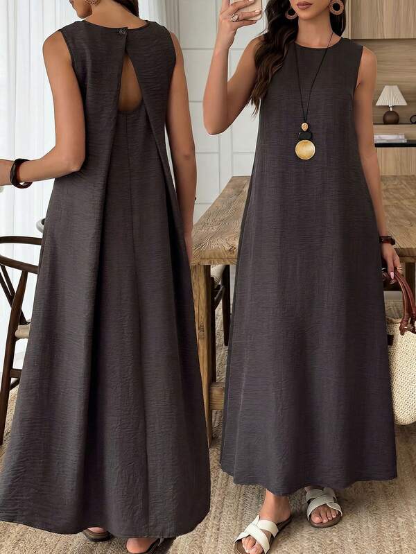 Louniche Women's Spring/Summer Casual Vacation Round Neck Sleeveless A-Line Dress