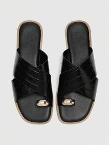 CUCCOO BIZCHIC Ladies Fashion Cross Strap Black Embossed Foot Clip Metal Buckle Small Square Toe Flat Sandals Comfortable Flat Sandals Slippers Suitable For Commuting Beach Vacation Ladies Flat Sandals - Black - View 1