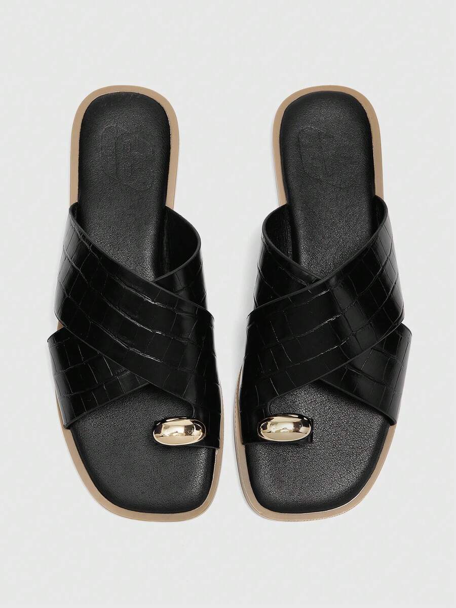 CUCCOO BIZCHIC Ladies Fashion Cross Strap Black Embossed Foot Clip Metal Buckle Small Square Toe Flat Sandals Comfortable Flat Sandals Slippers Suitable For Commuting Beach Vacation Ladies Flat Sandals - Black - View 1