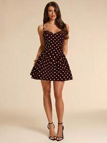 SHEIN BAE Summer Polka Dot Neckline Brown And White Polka Dot Lace Patchwork A-Line Mini Puff Dress, Wedding Going Out Bridesmaid Cocktail Party Cute - Coffee Brown - View 1