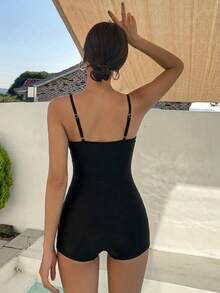 DAZY 女款拼色細肩帶拉鍊連身泳衣 度假夏季款 - 黑色 - 查看 5