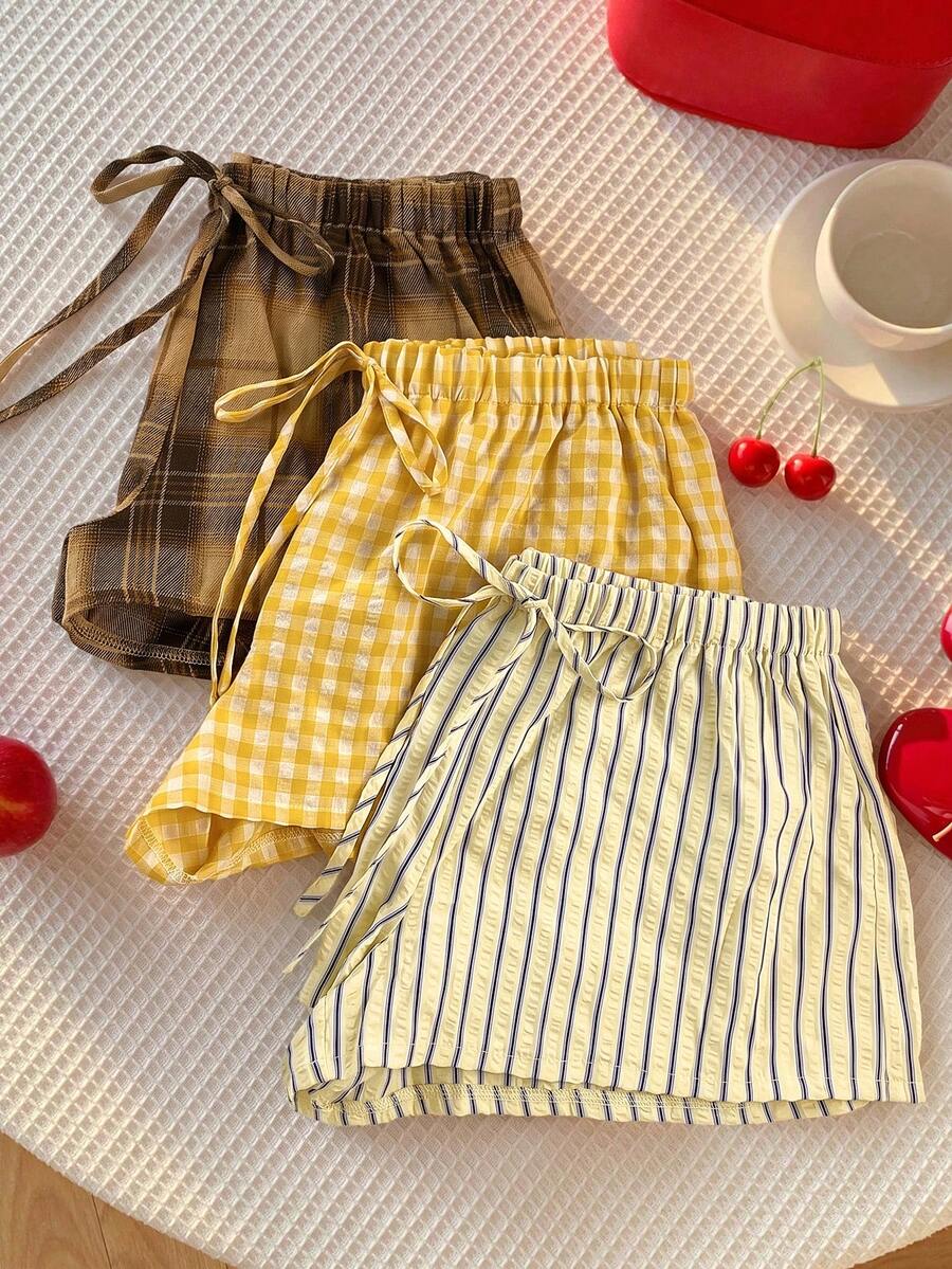 Comfortcana Women's Summer Casual Plaid & Striped Shorts 3pcs Set - Multicolor - View 1