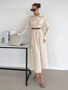 Siren Gaze Women's Solid Color Pleated Cinched Waist Dress, Elegant Casual Office Wear Shirt Dress Beige Autumn - Apricot - View 4