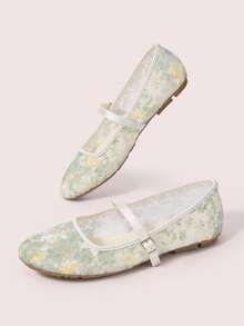 CUCCOO DOLLMOD Women's Shoes, Cute Round Toe Light Green, Flower Butterfly Embroidered Mesh Upper, Metal Buckle Strap Flats, Mary Jane - Lilac - Green - View 5