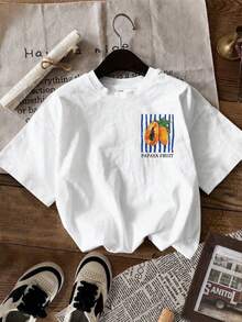 Tween Girl Casual Pattern Short Sleeve Loose Drop Shoulder T-Shirt Suitable For Summer Pineapple, Fruit Of The Papaya Tree, With Blue And White Stripe - Multicolor - View 2
