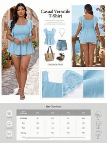 SHEIN CURVE+ 女款大尺碼方領荷葉袖修身休閒襯衫 - 藍色 - 查看 2