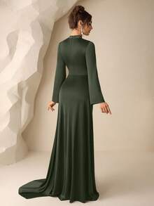 Coutiva 女款純色立領喇叭袖百褶正式優雅晚禮服（重工風格）婚禮誓約活動長裙 鼠尾草綠 冬季 - 軍綠色 - 查看 2