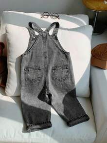 Young Boy Colorful Cartoon Dinosaur Print Pocket Denim Overalls - Light Grey - View 2