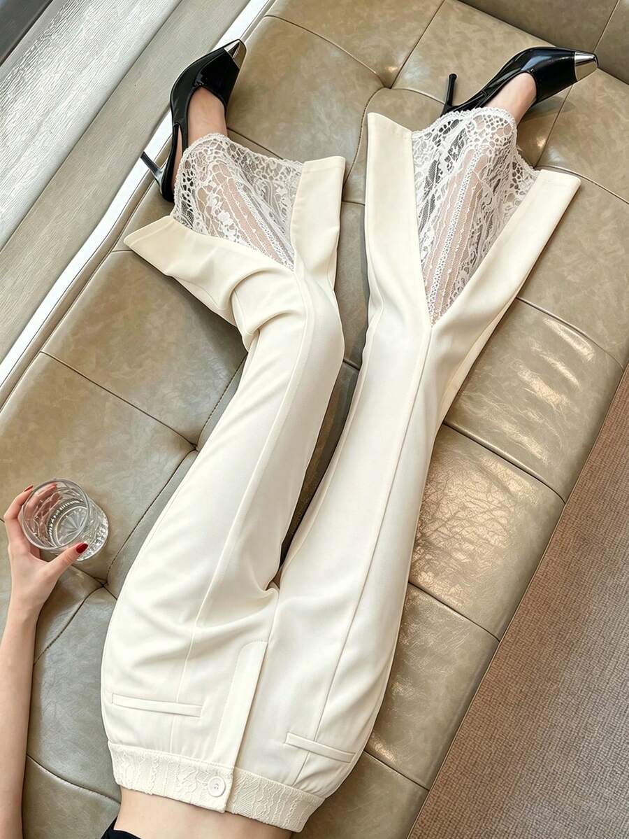 DAZY Women's Elegant Contrast Lace Flare Pants - White - View 1