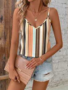 SHEIN Clasi Casual Minimalist Asymmetrical Colorful Striped All-Over Print Pattern V-Neck Loose Camisole Suitable For Summer Vacation Style - Multicolor - View 4