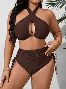Swim SXY Plus Size Women 2-Piece Solid Color Underwire High Waist Triangle Bikini Set, Ruched Fashion Casual Swimsuit - Brown - View 3