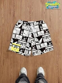 SpongeBob SquarePants | SHEIN Manfinity Joysei Men's Cartoon Print Drawstring Waist Loose Casual Shorts - Black - View 1