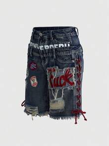 ROMWE Avant Quần short denim nữ kiểu dáng retro Y2K, chất liệu jersey, kiểu áo ba lỗ, có logo thêu, dây rút, cạp thấp, gợi cảm. - Rửa trung bình - Xem 5