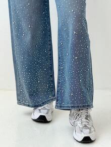 Yasmeen Edit Yasmeen Edit Women's Regular Waist Rhinestone Decor Loose Casual Jeans, Street Style - Medium Wash - View 3