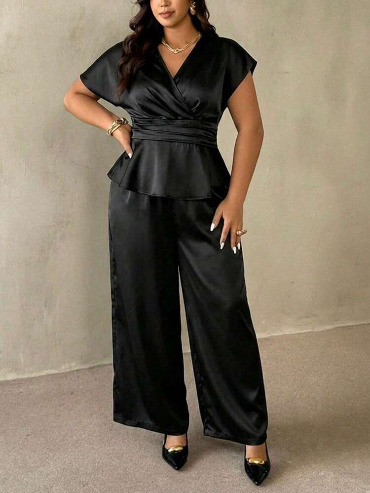 Auralis Nuevo conjunto elegante de ropa de trabajo para ir y venir en verano, con parte superior sin mangas de escote cruzado en V y hombros caídos, talla grande pantalón /Elegante conj - Negro - Añade 5