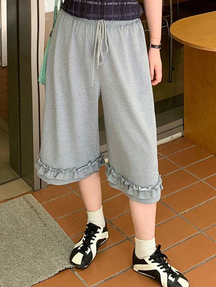 Dazy Plus Elastic Waist Loose Wide Leg Frill Trim Casual Sports 5-Point Pants Plus Size Women Spring Summer Knit Shorts