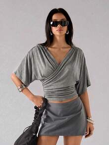 LYSMO Women's Elegant Khaki Draped Neck Ruffle T-Shirt, Summer Top - Khaki - View 6