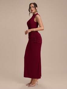Modelyn 半高領無袖百褶百搭優雅度假派對洋裝 - 酒紅色 - 查看 5