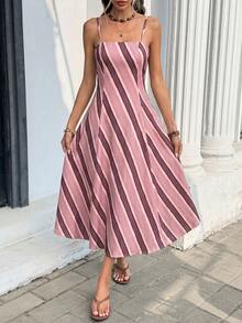 Serisse Women's Striped Pattern Spaghetti Strap A-Line Midi Dress - Pink - View 3