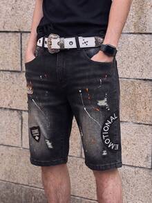 Manfinity LEGND Men's Letter Embroidery Contrast Color Ripped Slant Pocket Casual Streetwear Denim Shorts Holiday Dark Grey Summer - Black - View 3