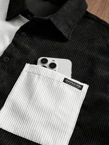 NORVETH Camisa de moda para hombre de primavera/verano con parche de letras, color de contraste, manga corta, abotonadura sencilla y bolsillo - Blanco y Negro - Ver 5