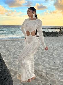 SHEIN SXY 海灘女性性感連衣裙沙灘服海灘女裝海灘度假女裝透視杏色長款沙灘裙 - 杏色 - 查看 5