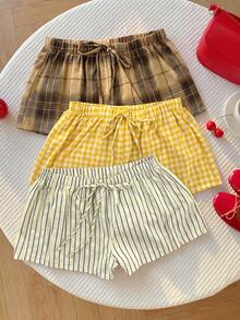 Comfortcana Women's Summer Casual Plaid & Striped Shorts 3pcs Set - Multicolor - View 8