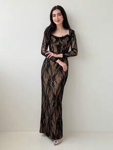 Yasmeen Edit Yasmeen Edit 女款秋冬新款派對/約會/宴會性感S型蕾絲長袖罩杯束腰領修身貼身拖地長洋裝，黑色優雅度假風 - 黑色 - 查看 2