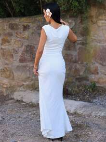 AfricaSnchz New Summer Women Elegant Graceful Ladylike Holiday & Travel Romantic Date White Sleeveless Waist Sheer Mesh Ruffle Fishtail Dress, All White Party Outfit Women - White - View 3
