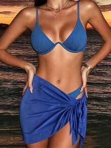 SHEIN Swim Summer 3pcs/Set Bikini With Underwire Bra, Panty And Cover-Up - Blue - View 1