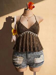 SHEIN ICON Plus Size Knitted Halter Shell Tassel Decor Babydoll Backless Camisole - Brown - View 2