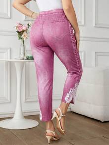 SHEIN Clasi Große Größen Hohe Taille Elastisch Kariert Einfach Slim Fit Lässig Hose,Büro Outfits Für Frauen - Korallenrosa - Übersicht 2