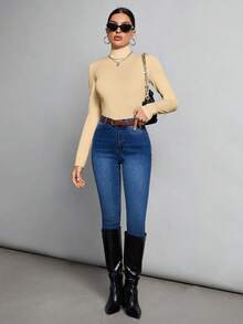 SHEIN Tall Simple Solid Color Slim High Collar White Top Suitable For Autumn And Winter - Apricot - View 4