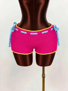 Amplova 2026 New Dopamine Color Vacation Women's Knit Mini Shorts - Hot Pink - View 6