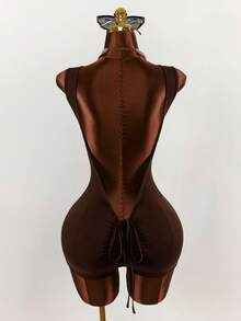 Amplova Women's Solid Color Round Neck Casual Tank Top Style Fitted Romper - Brown - View 8