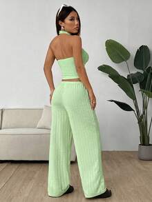 SHEIN EZwear 女士纹理短款褶皱吊带上衣和休闲裤套装 - 薄荷綠 - 查看 2