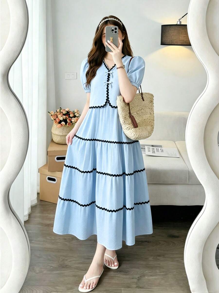 Teen Girls Fashion Casual Woven Bubble Textured Fabric Cropped Jacket With Long Skirt, Contrast Color Wavy Ribbon Trim, Eye-Catching Detail, Loose Fit, Comfortable, Suitable For Spring, Summer, Autumn, Daily Commute, Outings, Gatherings, Photo Shoots - Blue - View 1