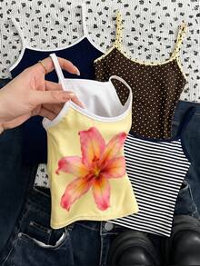 Áo tank top ôm sát dây mảnh phong cách tối giản thường ngày cho bé gái tuổi teen, họa tiết hoa, áo mùa hè - Nhiều màu - Xem 3