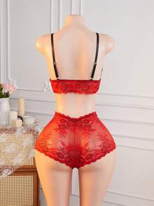 Crystal Vow 女款性感蕾絲內衣套裝 2件組 - 酒紅色 - 查看 4