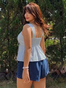 Muchica Casual Asymmetrical Thin Striped Drawstring Loose Fit Plus Size Women Tank Top, Vacation Wear, Cute Summer Top, Suitable For Spring & Summer - Multicolor - View 2