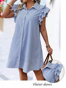 EMERY ROSE Plus Size Fashion Spring/Summer Casual Striped Front Button Cap Sleeve Dress - Blue - View 5