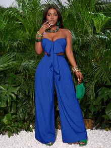 Slaydiva Plus Size Women's Solid Color Front Tie Bandeau Top And Wide Leg Pants Vacation Set - Royal Blue - View 4